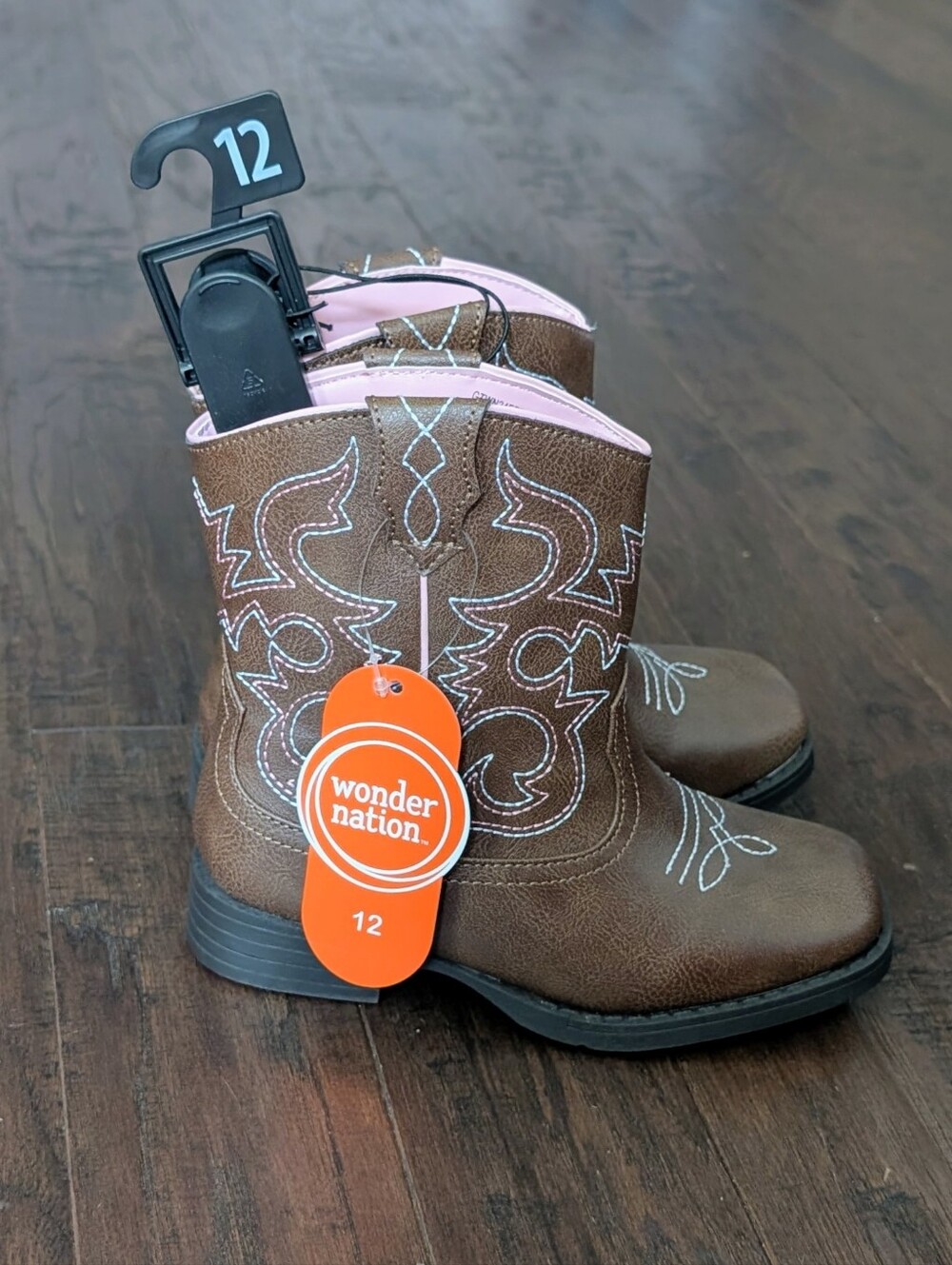 Little Girls Brown Western Cowgirl Boots with Pink/White Stitching - Size 12 - Picture 8 of 11